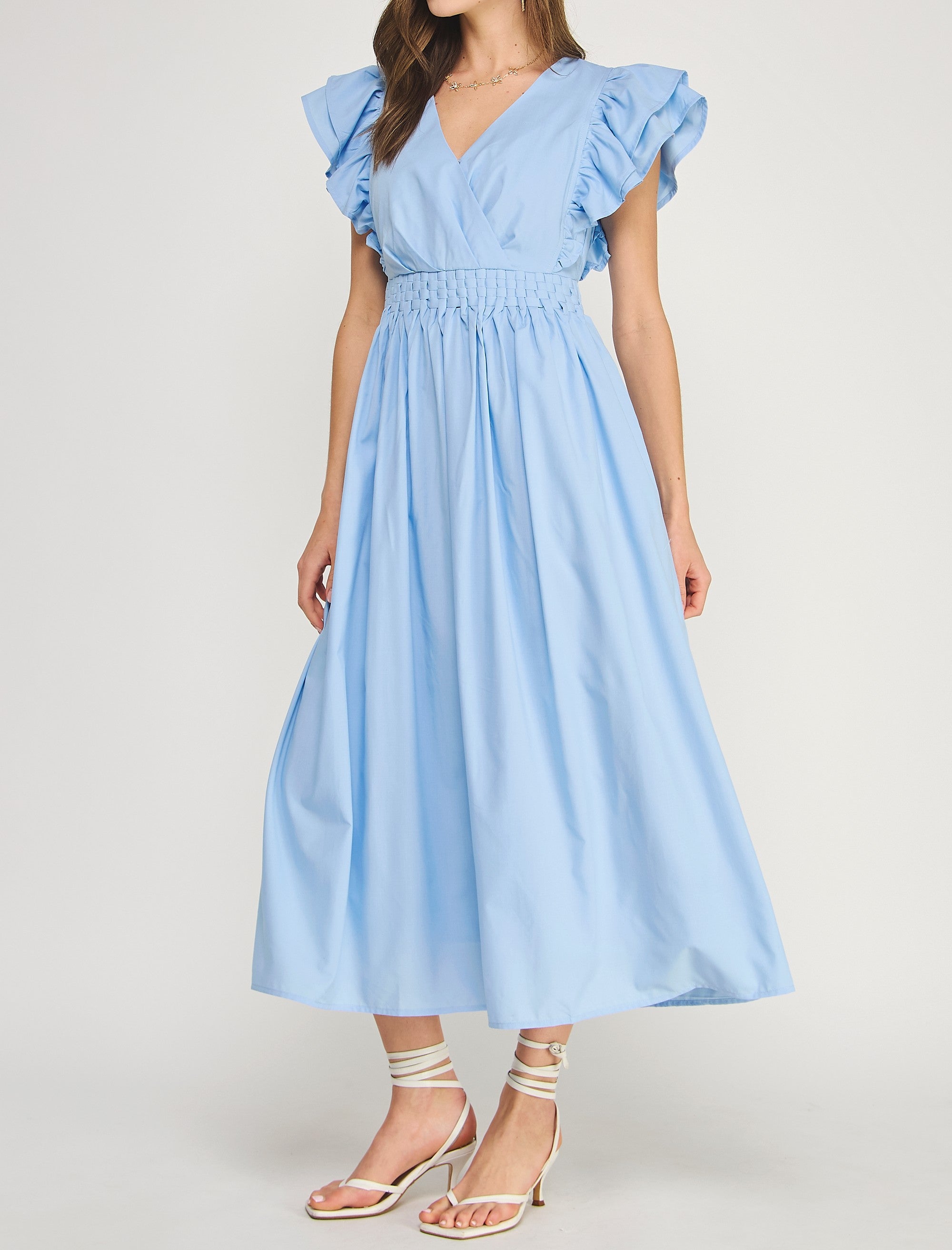 SKY BLUE RUED DETAIL RUFFLED SLEEVE MIDI DRESS