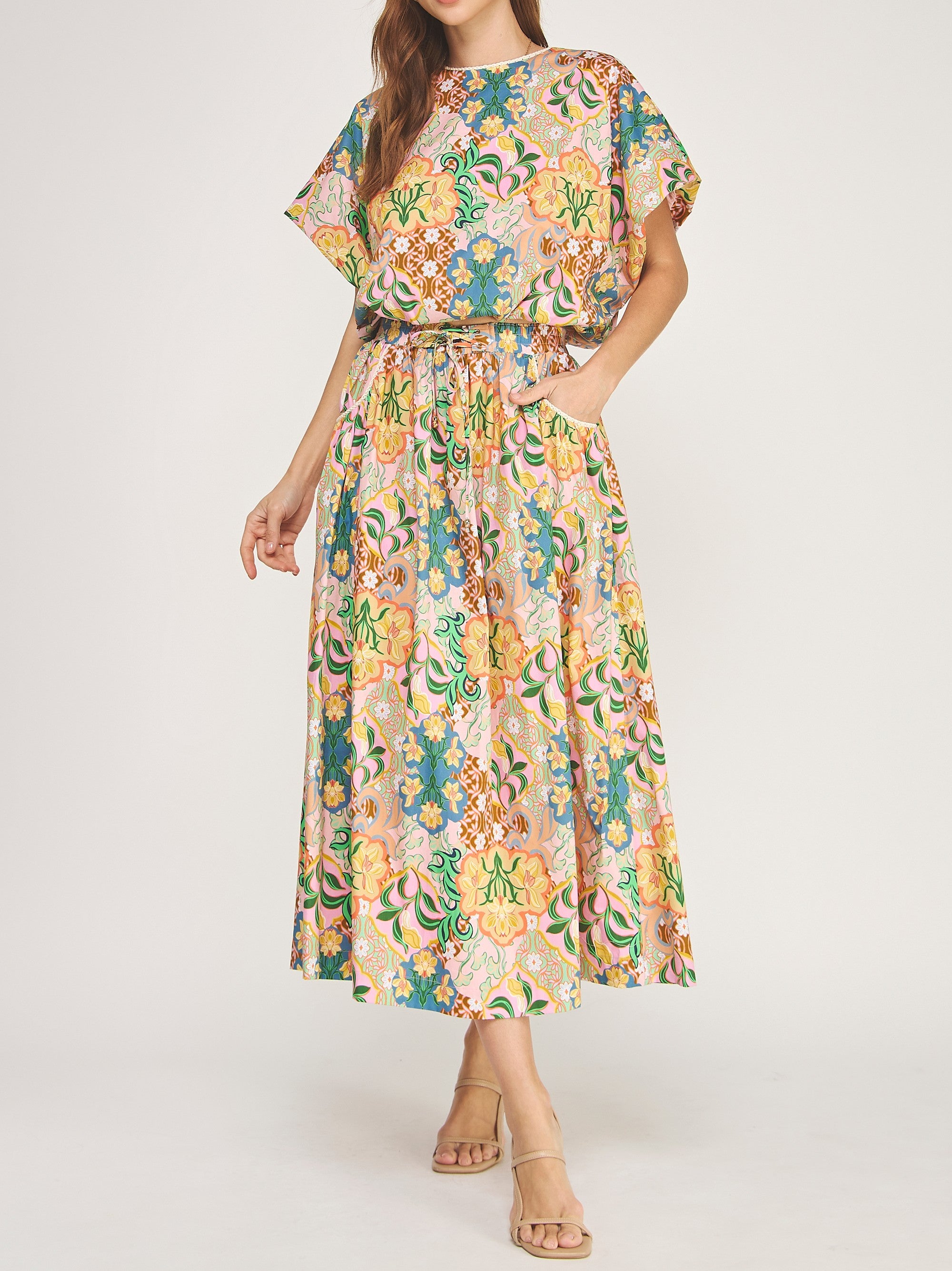 PINK MULTI FLOWER PRINT BUBBLE TOP/MIDI SKIRT SET
