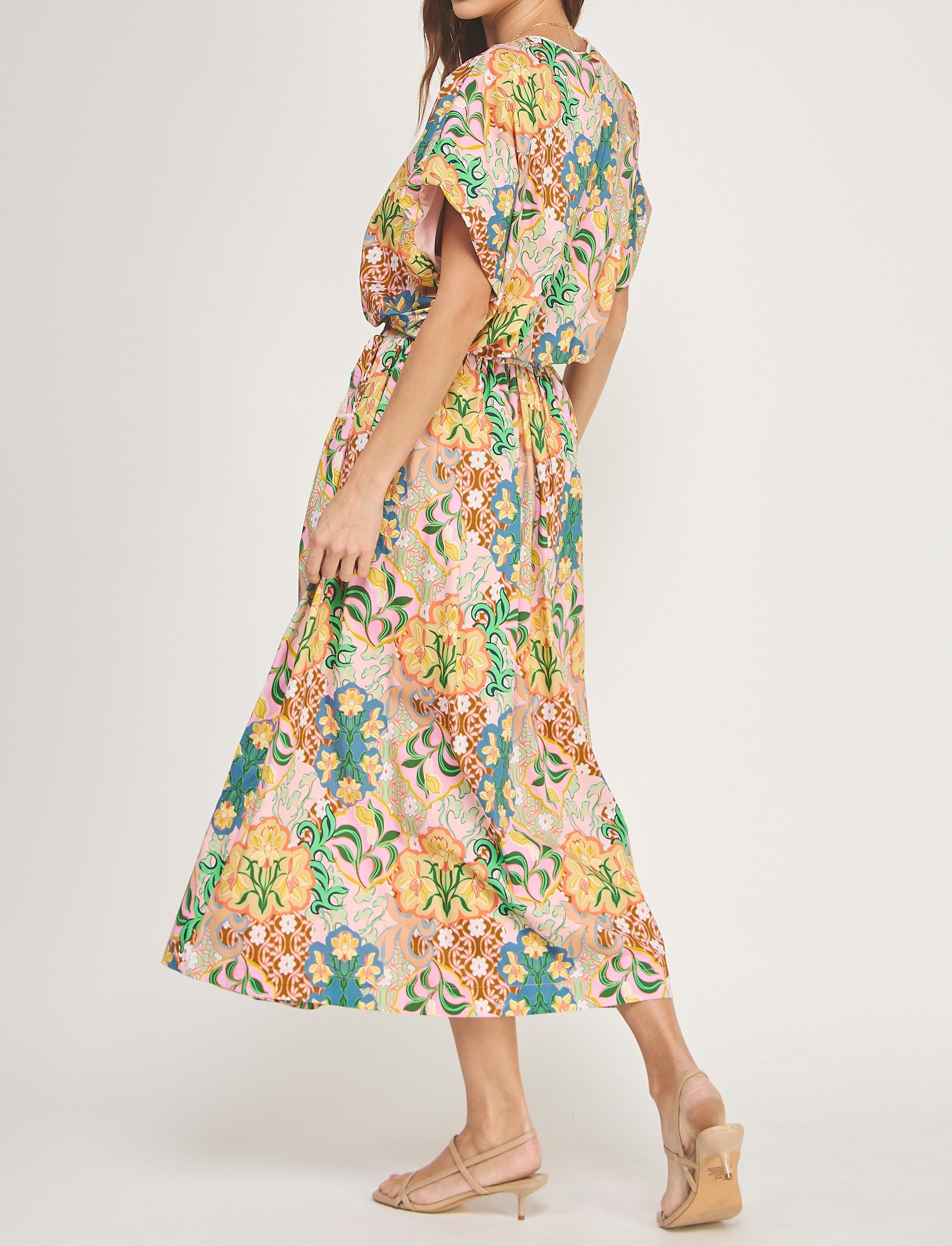PINK MULTI FLOWER PRINT BUBBLE TOP/MIDI SKIRT SET