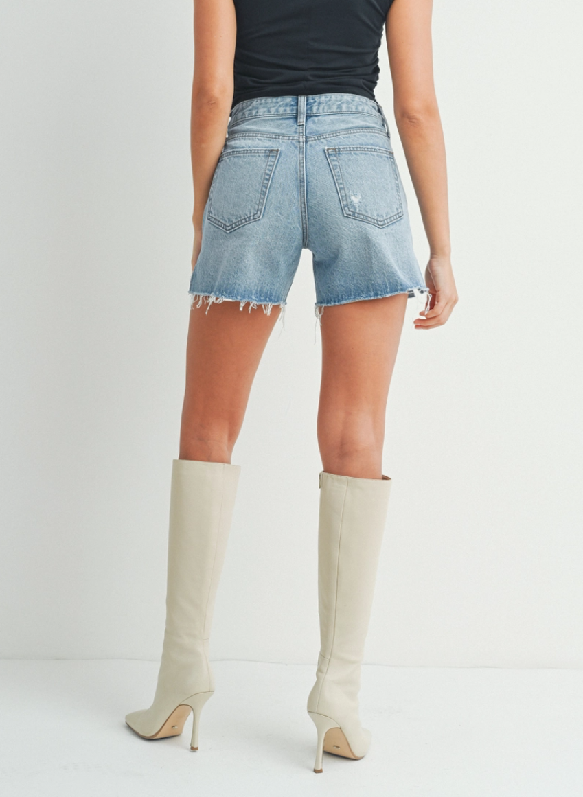 MEDIUM WASH DENIM HIGH RISE SIDE SLIT SHORT