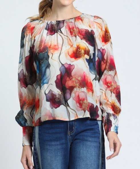 JEWEL FROST MULTI FLORAL ELASTIC ROUND NECK LONG SMOCKED CUFF SLEEVE PULLOVER TOP