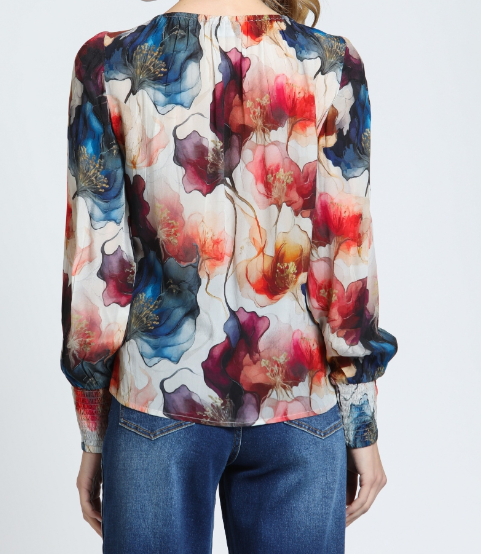 JEWEL FROST MULTI FLORAL ELASTIC ROUND NECK LONG SMOCKED CUFF SLEEVE PULLOVER TOP