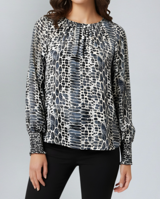 SLATE & ALABASTER REPTILE PRINT ELASTIC ROUND NECK LONG SMOCKED CUFF SLEEVE PULLOVER TOP