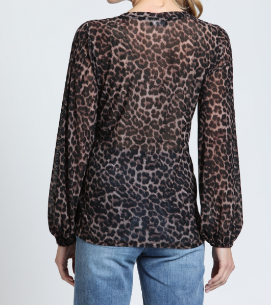 COCOA LEOPARD PRINT BOHO LONG PLEATED SLEEVE SHEER TOP
