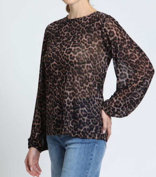 COCOA LEOPARD PRINT BOHO LONG PLEATED SLEEVE SHEER TOP
