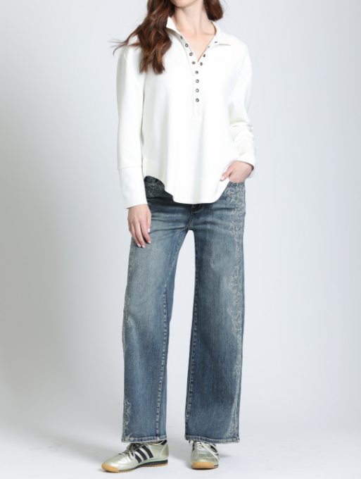 CLOUD WHITE GROMMET PLACKET LONG SLEEVE HENLEY TOP