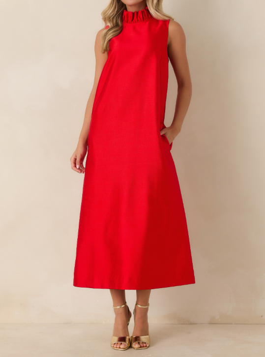 CRANBERRY RED RUFFLE NECK CECILY MAXI DRESS