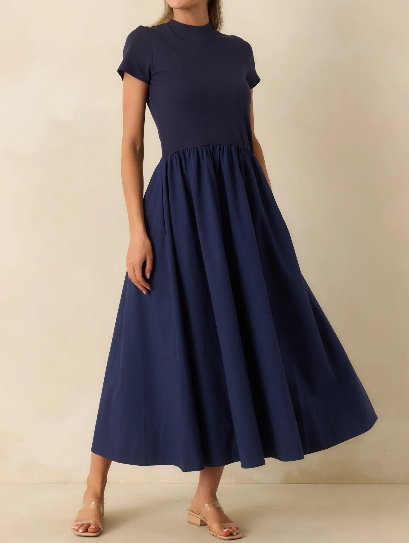 NAVY COTTON SHORT SLEEVE MIXED MEDIA ARIA MIDI DRESS