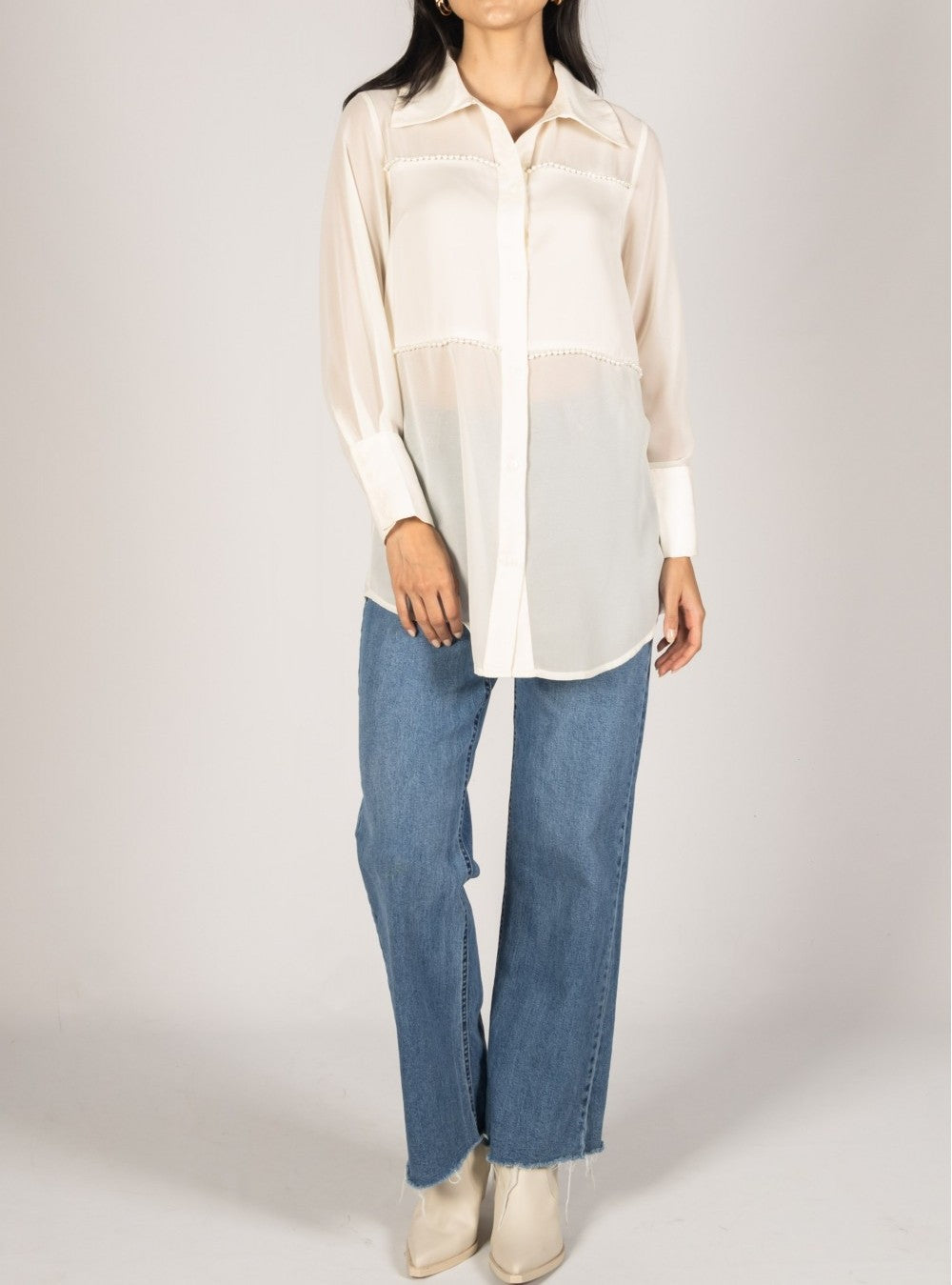 IVORY SATIN CONTRAST PEARL EMBELLISHED SHEER BUTTON UP SHIRT