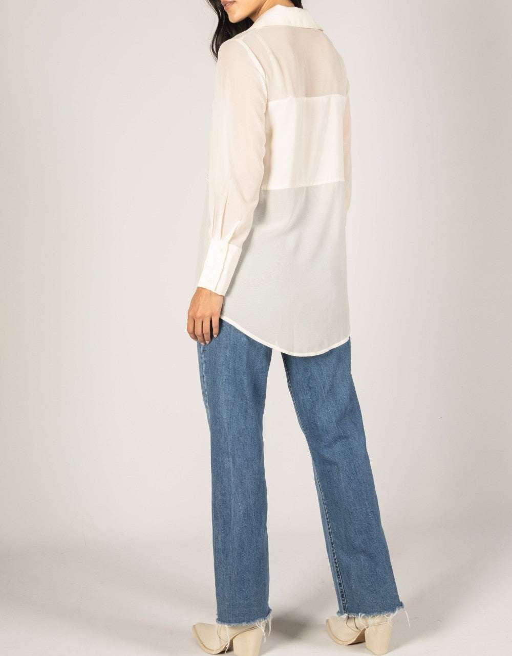 IVORY SATIN CONTRAST PEARL EMBELLISHED SHEER BUTTON UP SHIRT