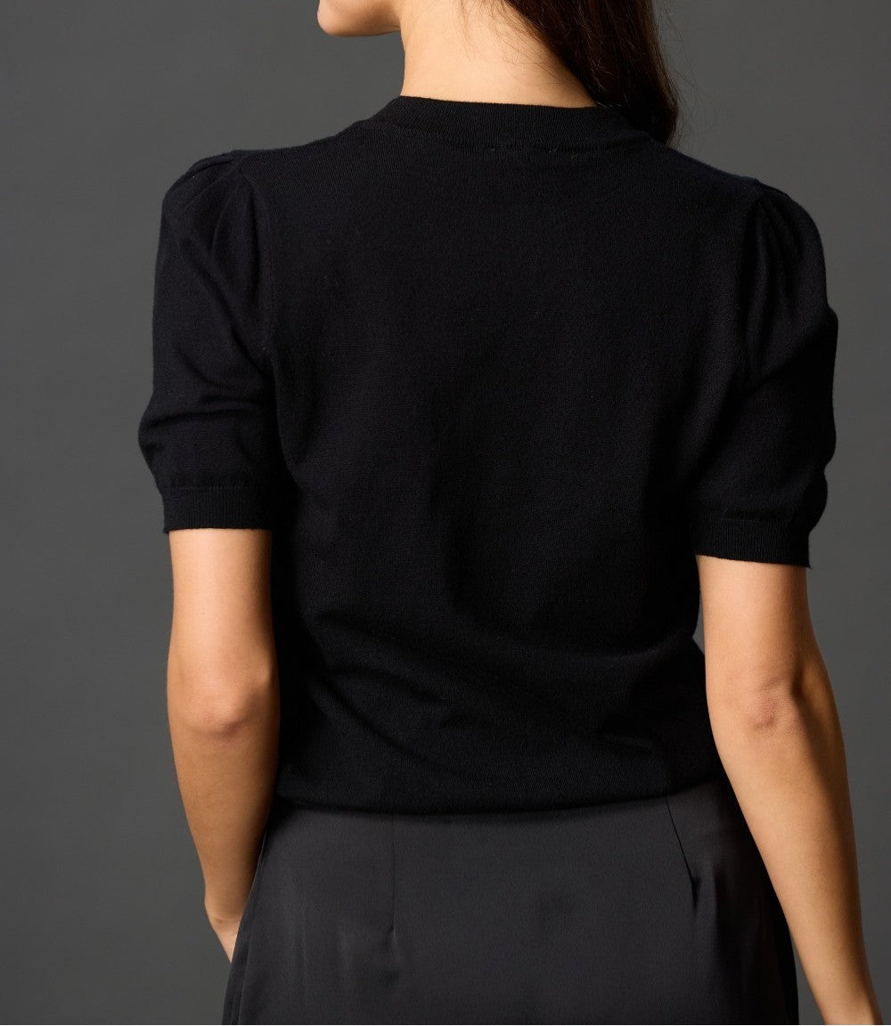 BLACK KNIT SHORT PUFF SLEEVE TOP