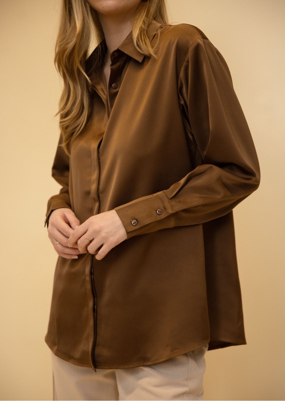 DARK COCOA SATIN PLACKET COVER BUTTON UP LONG SLEEVE TOP