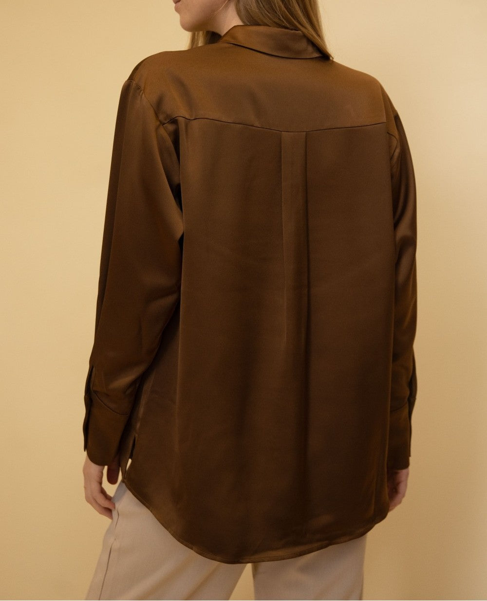 DARK COCOA SATIN PLACKET COVER BUTTON UP LONG SLEEVE TOP