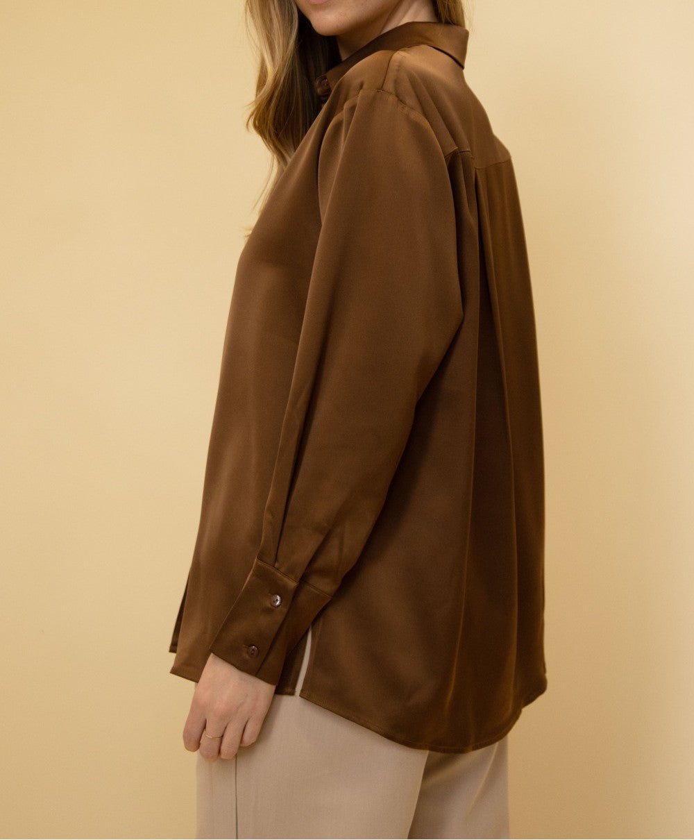 DARK COCOA SATIN PLACKET COVER BUTTON UP LONG SLEEVE TOP