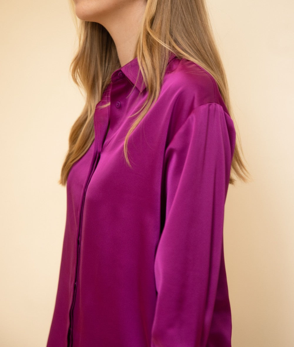 ORCHID SATIN PLACKET COVER BUTTON UP LONG SLEEVE TOP