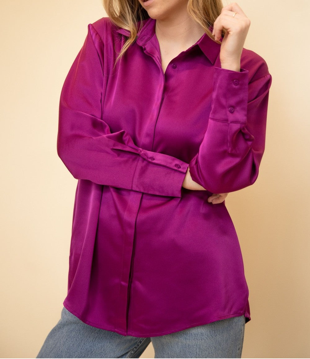 ORCHID SATIN PLACKET COVER BUTTON UP LONG SLEEVE TOP