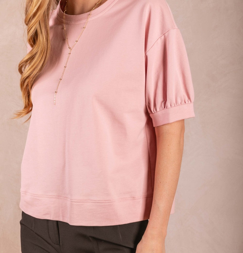 BABY PINK ROUND NECK SHORT PUFF SLEEVE TOP
