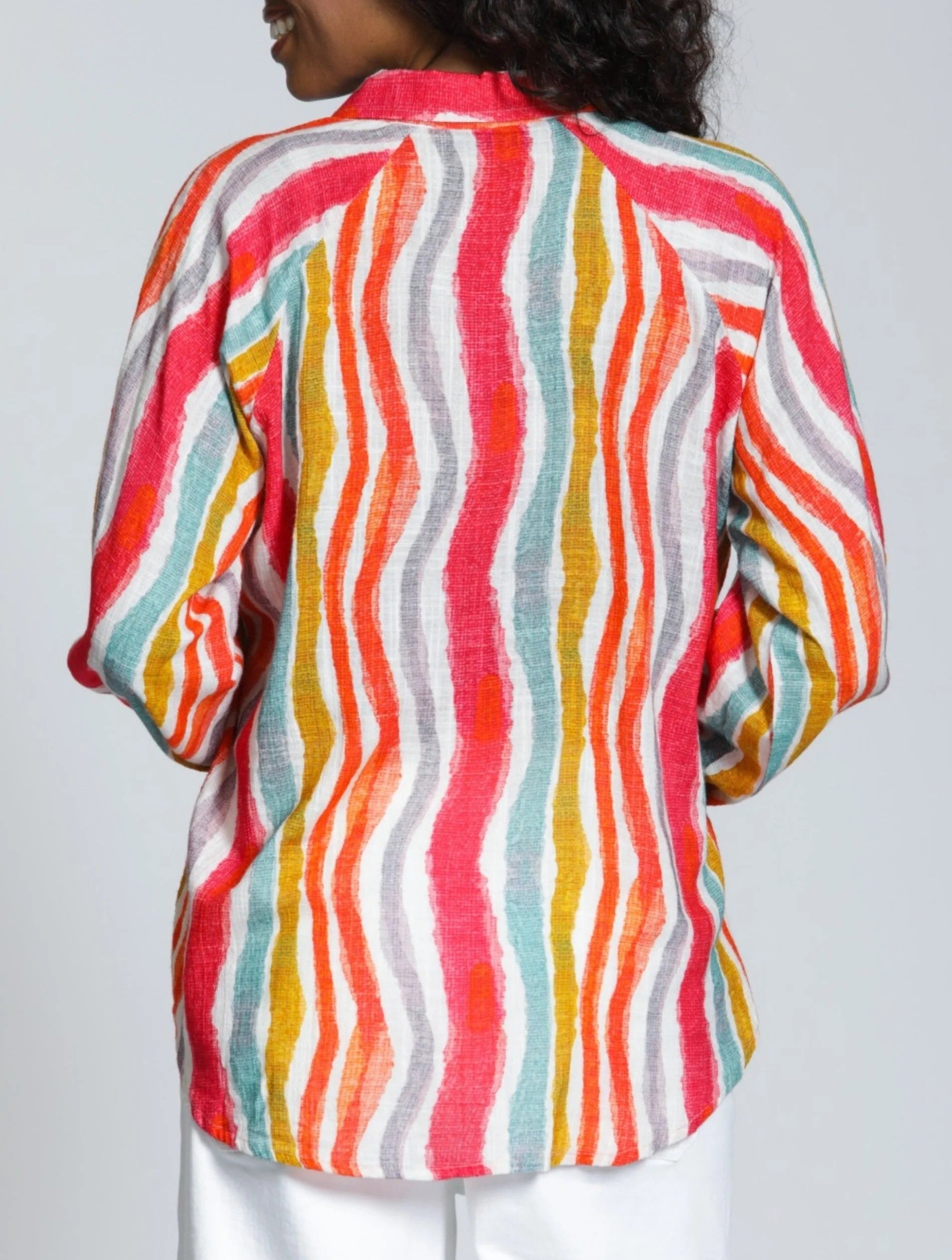 HIBISCUS MULTI PRINT HALF PLACKET LONG SLEEVE PULLOVER TOP