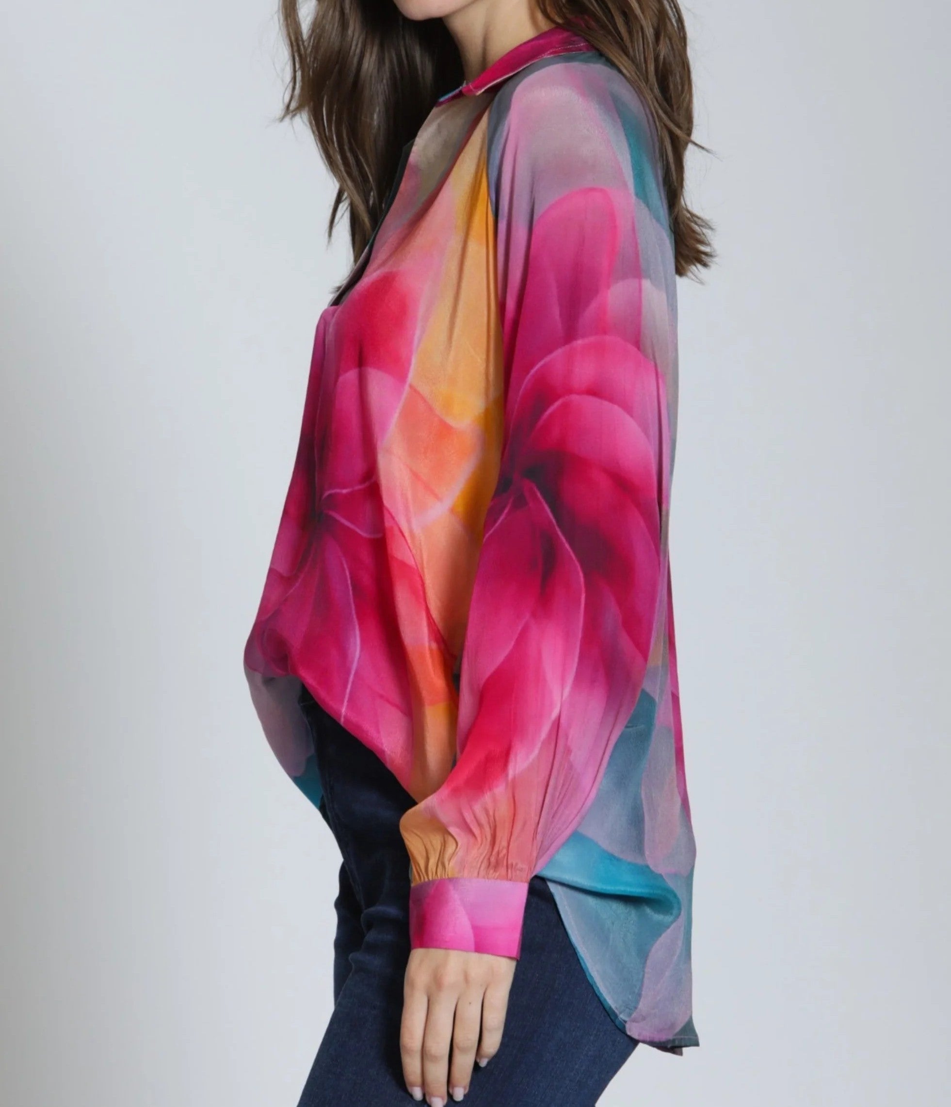 BRIGHT PINK MULTI FLORAL BLOOM PRINT HALF PLACKET LONG SLEEVE PULLOVER TOP
