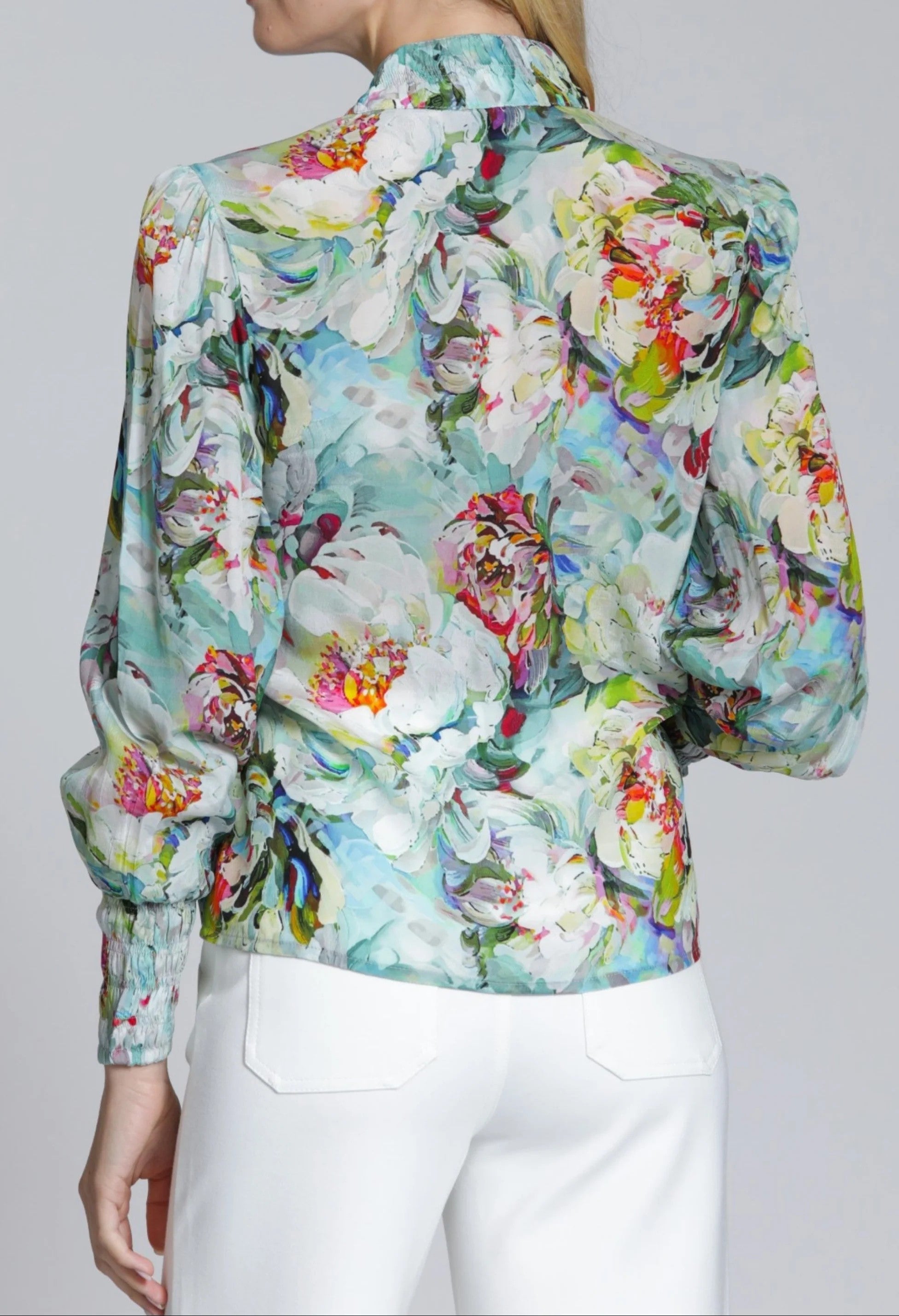 AQUA MULTI BRUSHSTROKE GARDEN PRINT LONG PUFF SLEEVE TOP