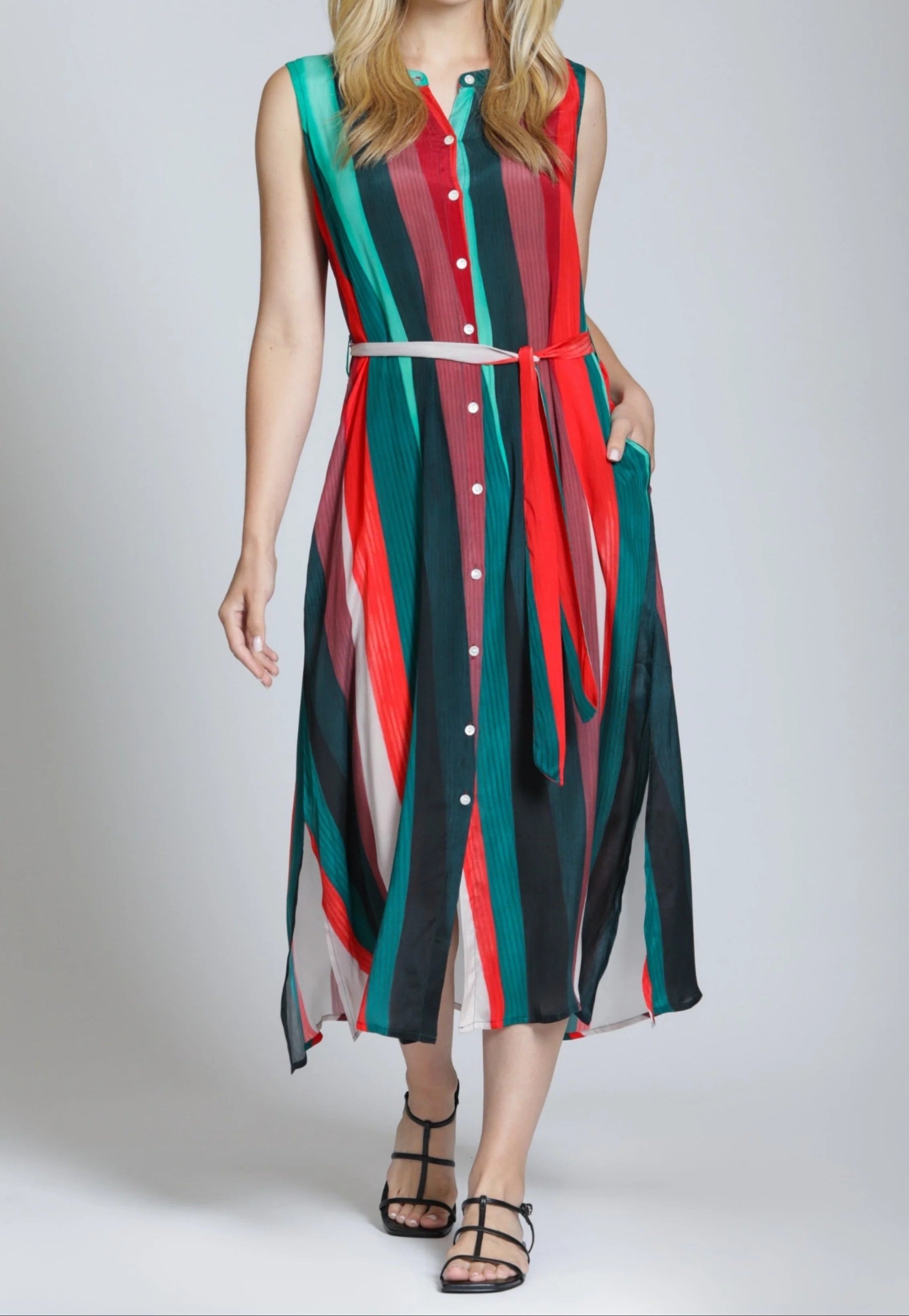 RED MULTI LINEAR FUSHION PRINT SLEEVELESS BUTTON UP SHIRT MIDI DRESS