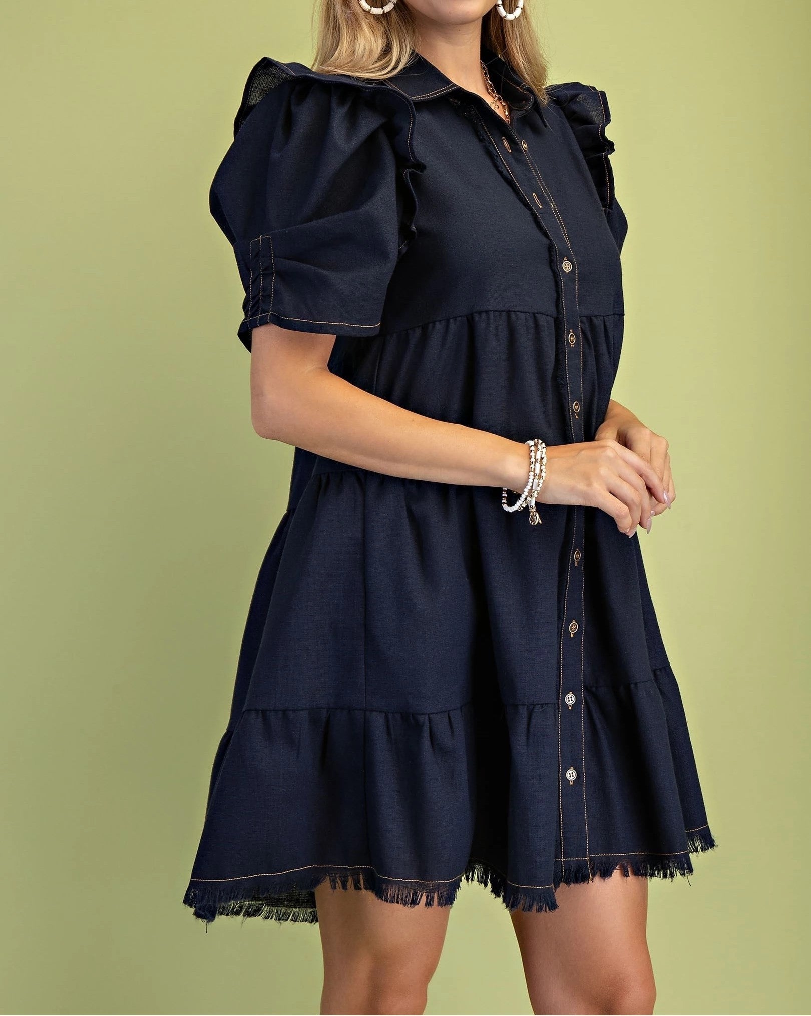 DARK NAVY LINEN BUTTON UP TIERED FRAYED HEM MINI DRESS