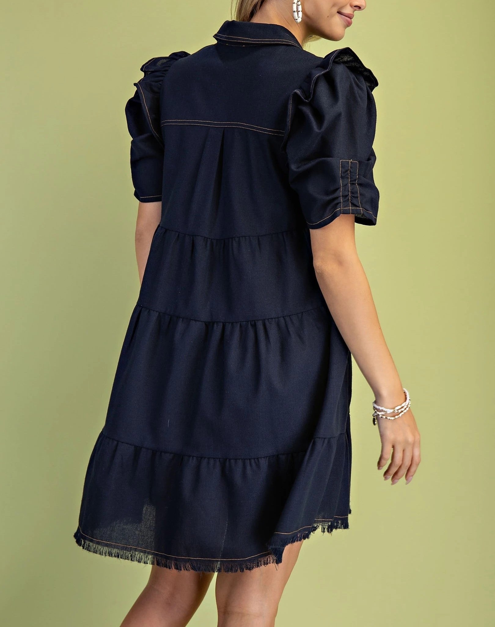 DARK NAVY LINEN BUTTON UP TIERED FRAYED HEM MINI DRESS