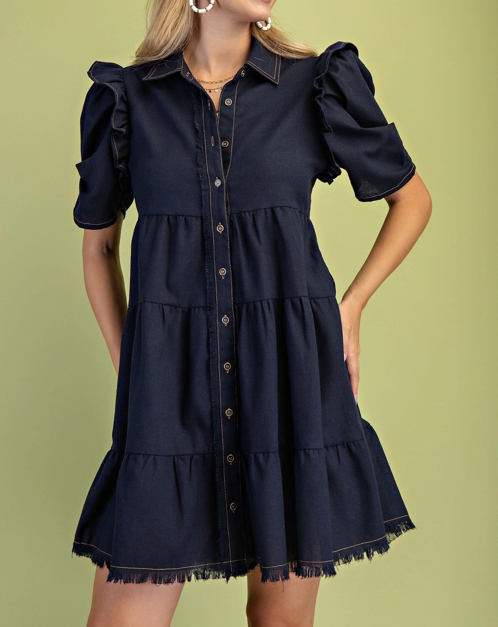 DARK NAVY LINEN BUTTON UP TIERED FRAYED HEM MINI DRESS