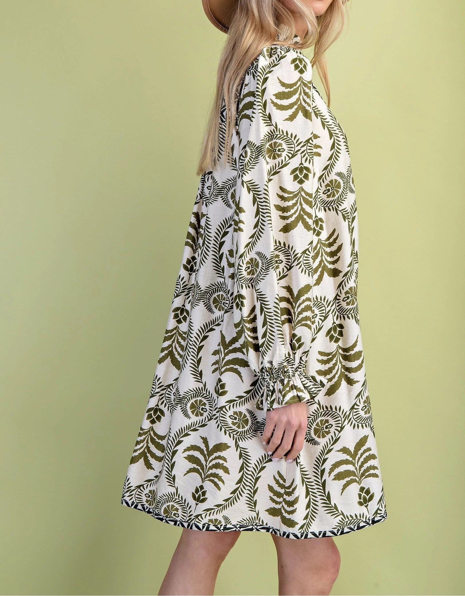 OLIVE MIX FLORAL PRINT 3/4 SLEEVE MINI SHIRT DRESS