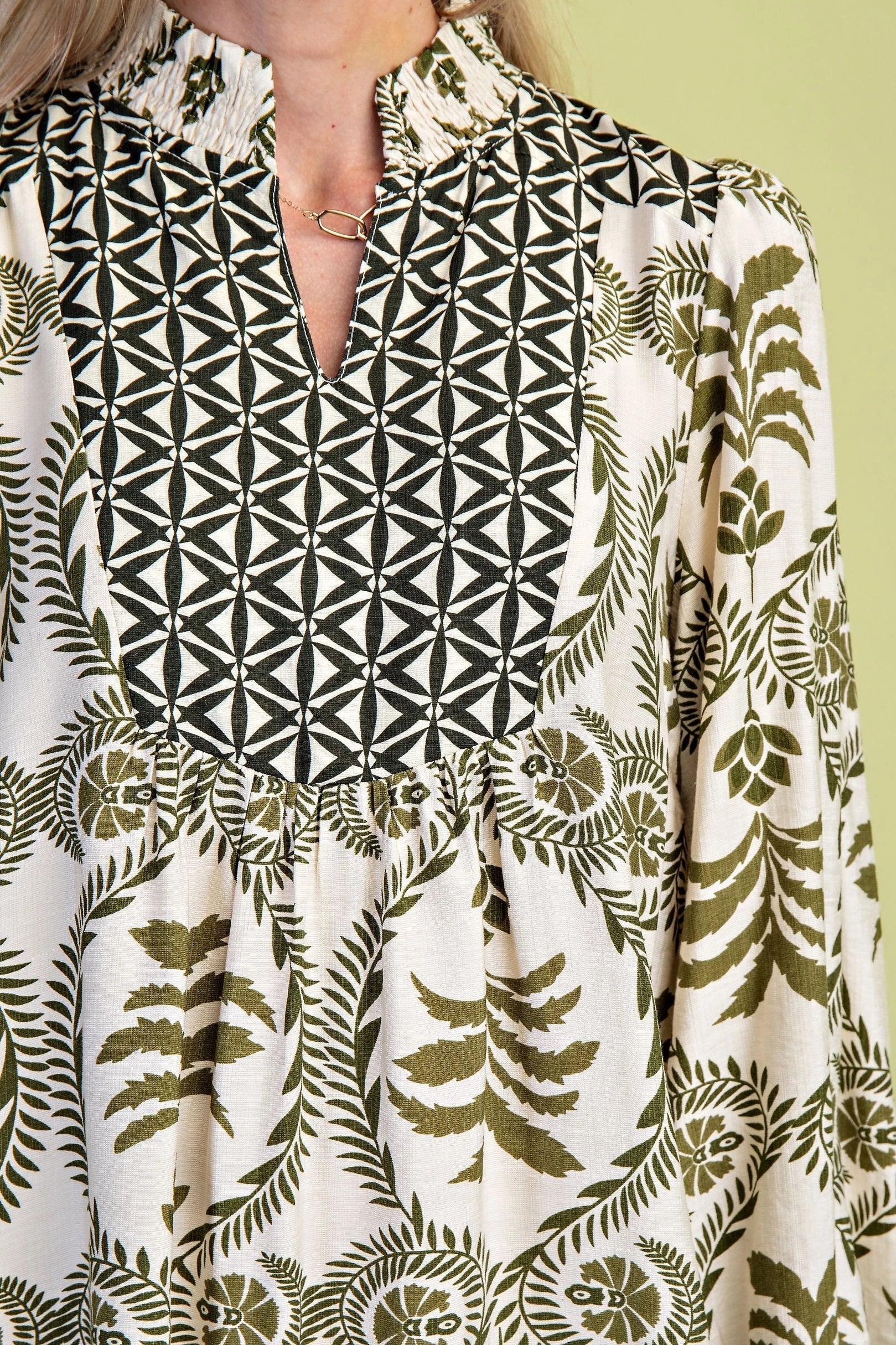 OLIVE MIX FLORAL PRINT 3/4 SLEEVE MINI SHIRT DRESS