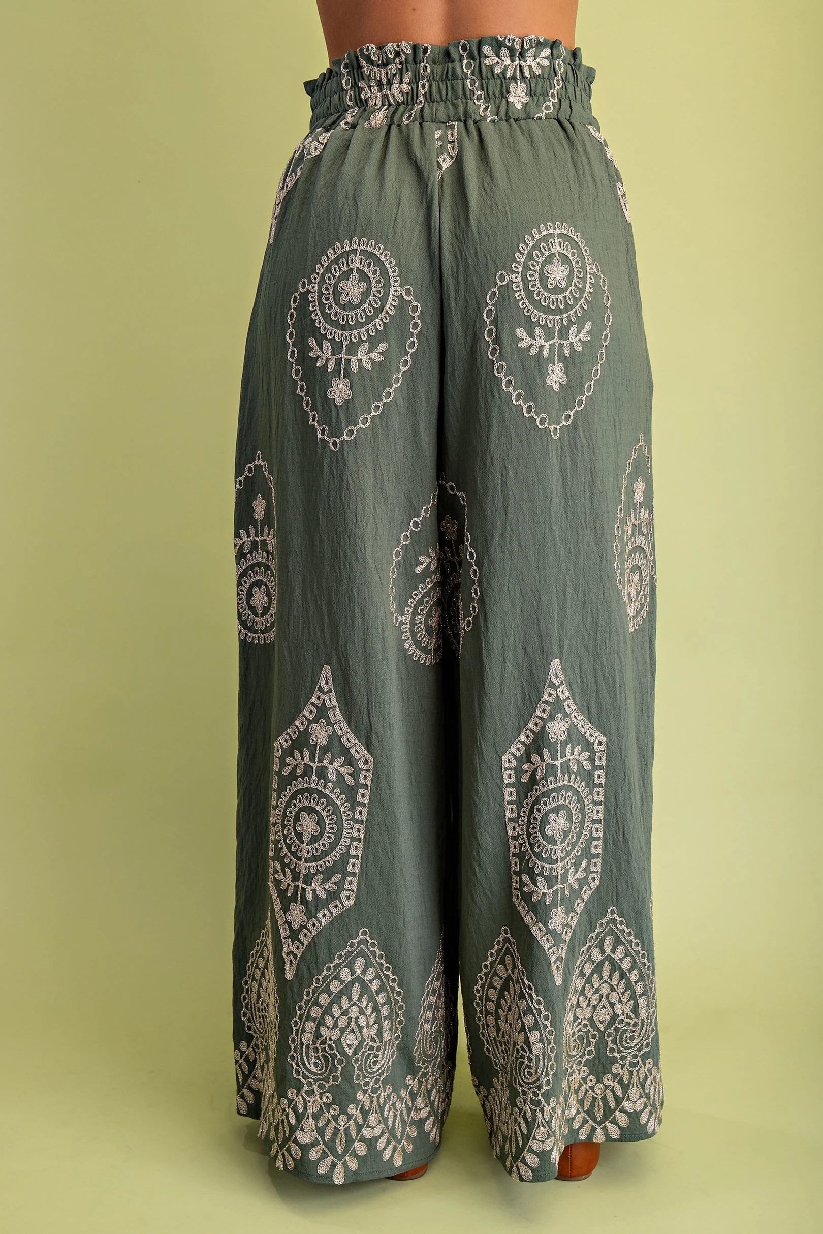 OLIVE/GOLD METALLIC EMBROIDERY DETAIL WIDE LEG PANTS