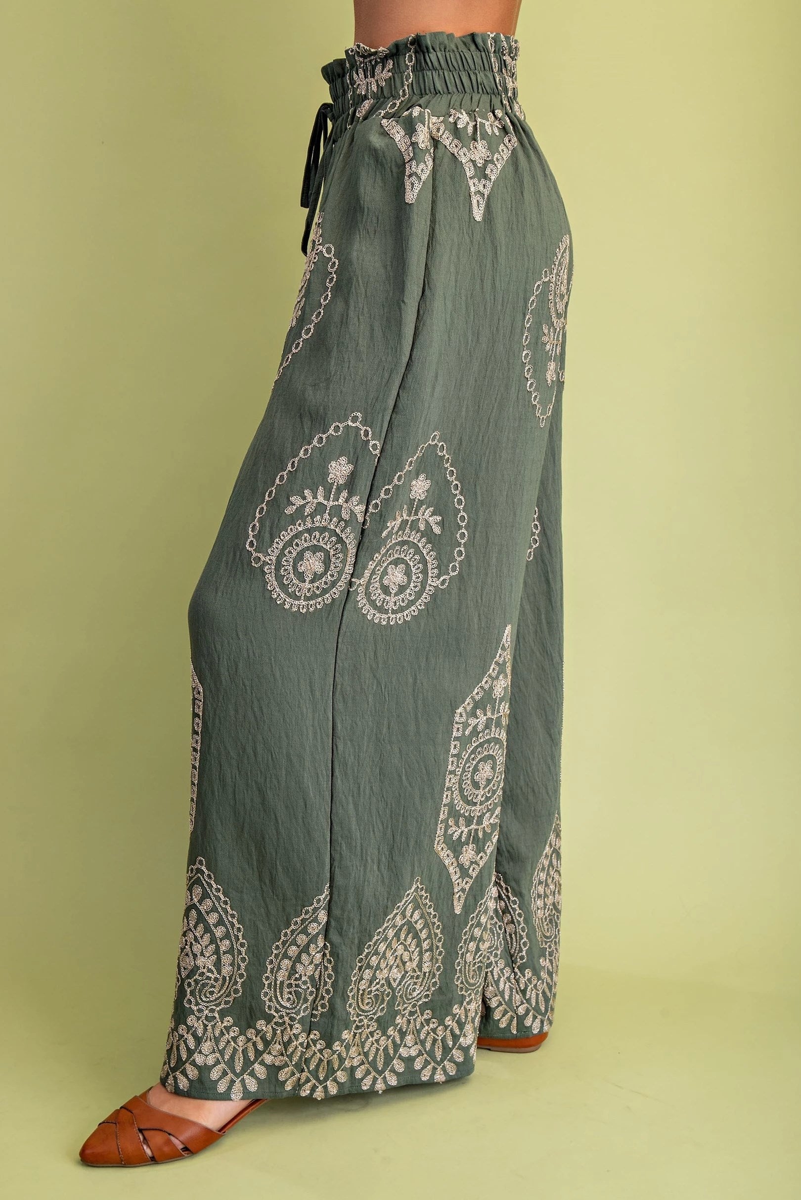 OLIVE/GOLD METALLIC EMBROIDERY DETAIL WIDE LEG PANTS