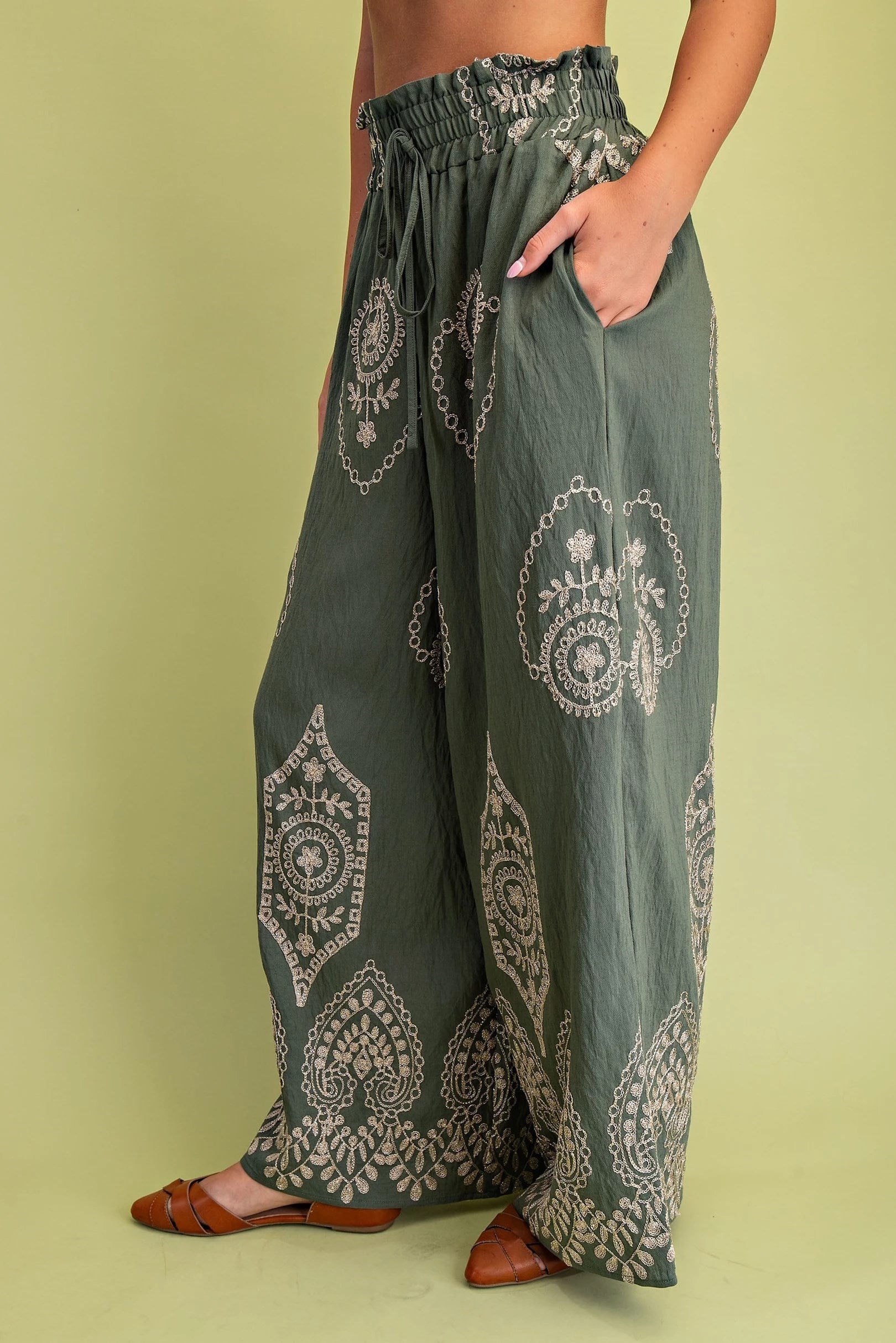 OLIVE/GOLD METALLIC EMBROIDERY DETAIL WIDE LEG PANTS