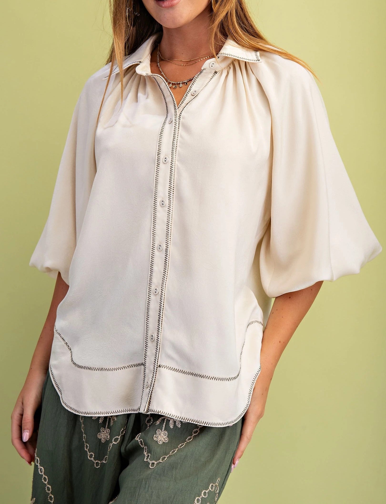 CREAM SATIN CONTRAST STITCH BALLOON SLEEVE BUTTON DOWN BLOUSE