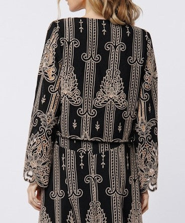 BLACK/TAUPE TWO TONE LACE CUTOUT BELL SLEEVE BECK TOP