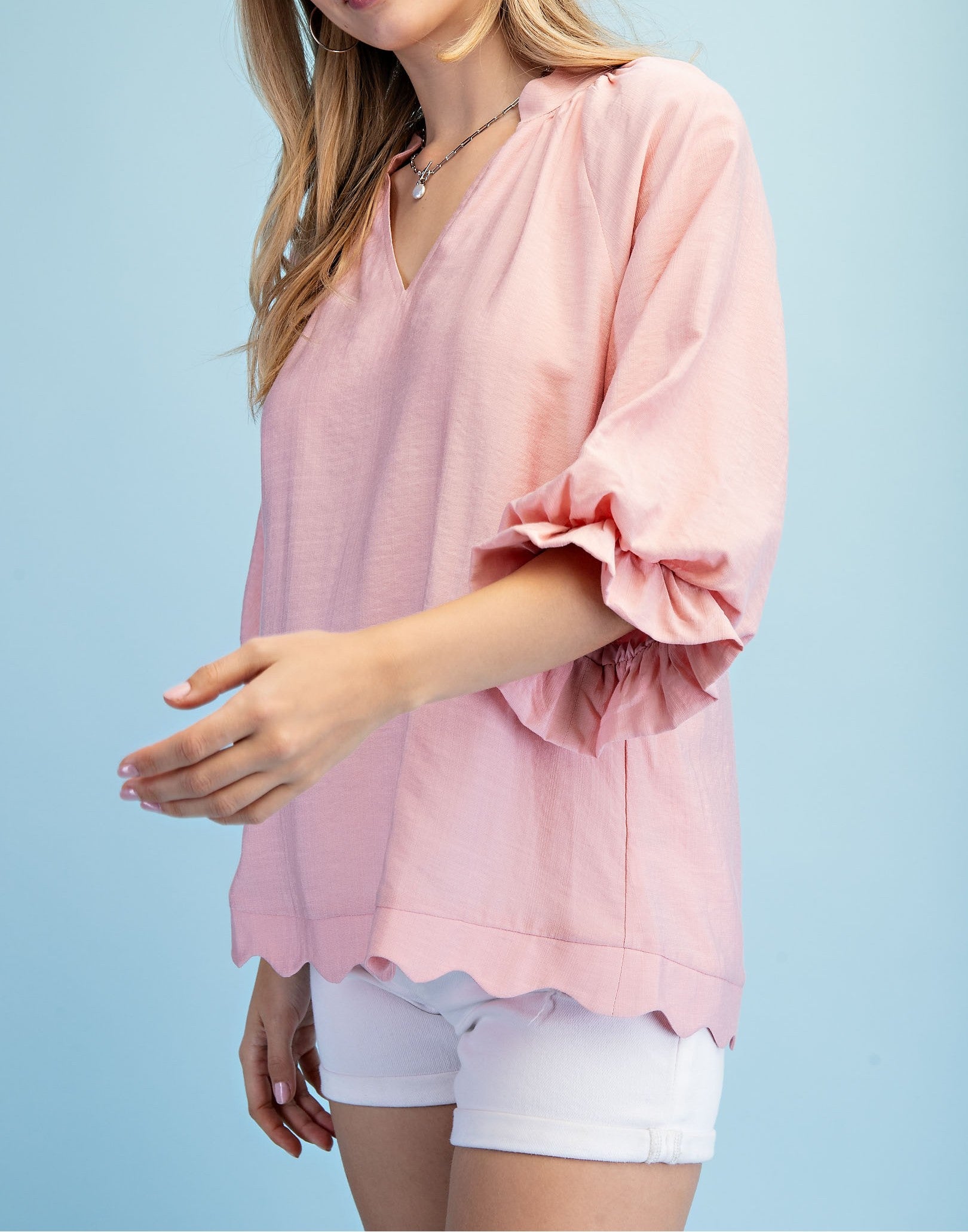 BLUSH 3/4 GATHERED BALLOON SLEEVE SCALLOP EDGED TOP