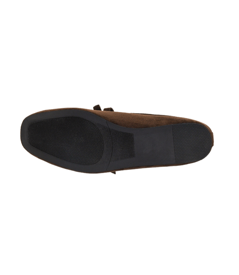 CHOCOLATE FAUX SUEDE BOW STRAP MARY JANE LAYOVER FLAT