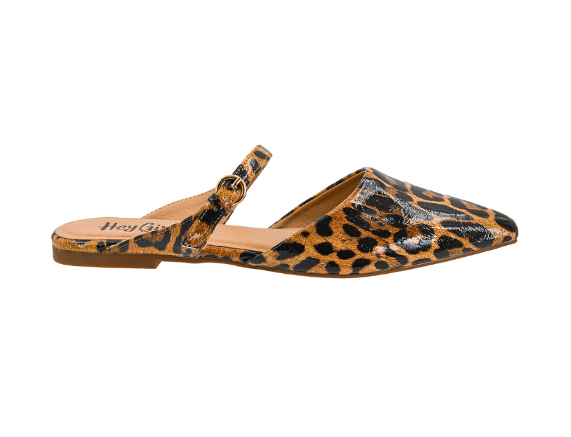 GLOSSY LEOPARD WANNA GRAB DRINKS POINTED TOE MARY JANE SLIP ON MULE