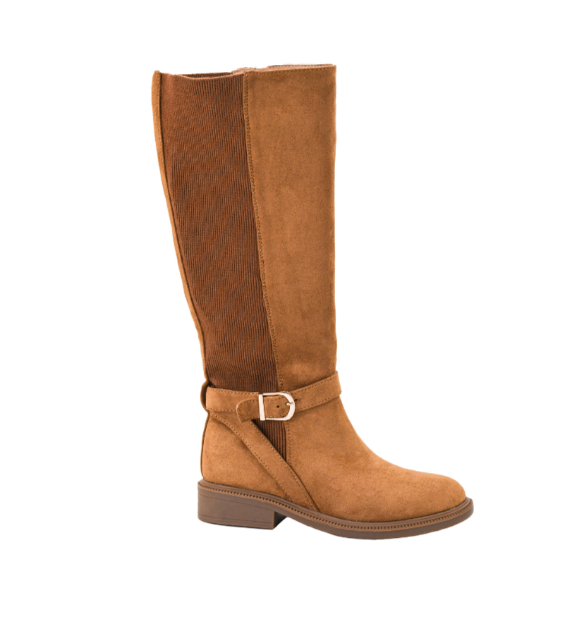 CAMEL FAUX SUEDE STRETCH BACK EQUESTRIAN WE RIDE AT DAWN BOOT