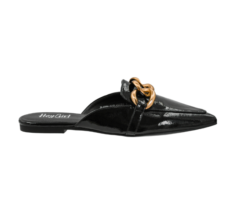 GLOSSY BLACK PATENT PLAYIN FOR KEEPS POINTED TOE MULE