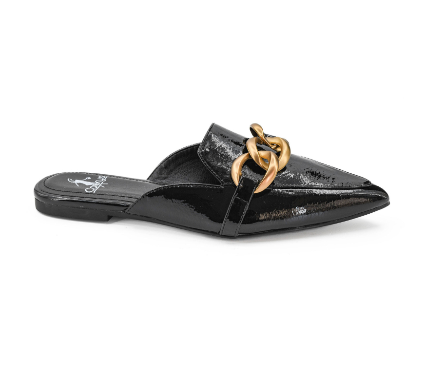 GLOSSY BLACK PATENT PLAYIN FOR KEEPS POINTED TOE MULE
