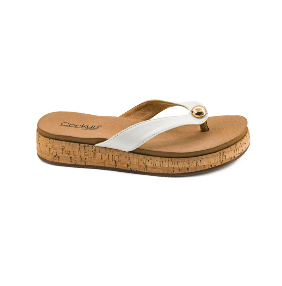 IVORY & GOLD THONG STRAP FLIP FLOP CORK PLATFORM SANDAL