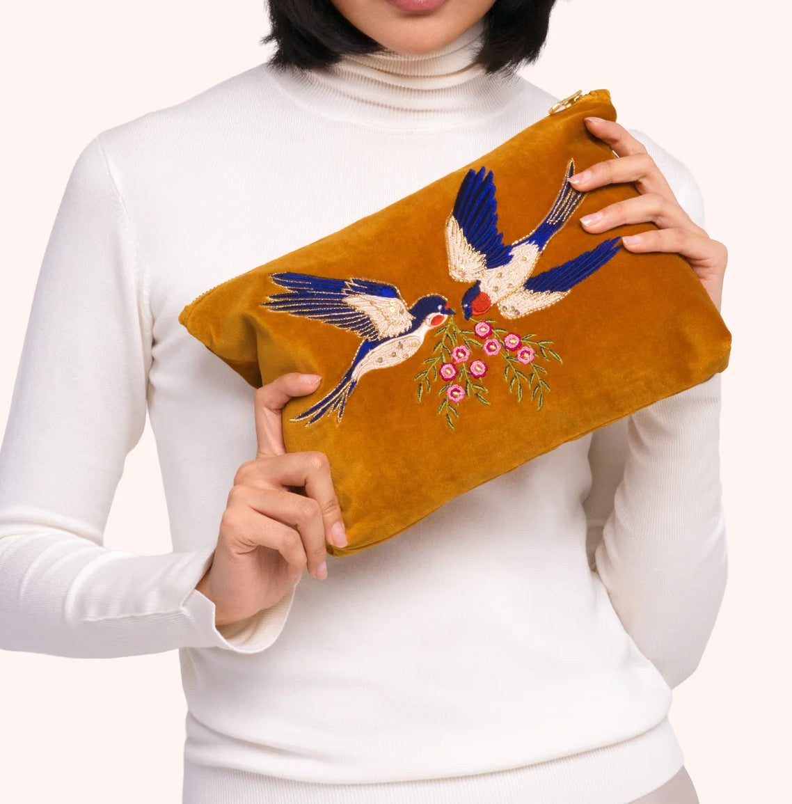 MARIGOLD EMBROIDERED SWALLOW VELVET ZIP POUCH