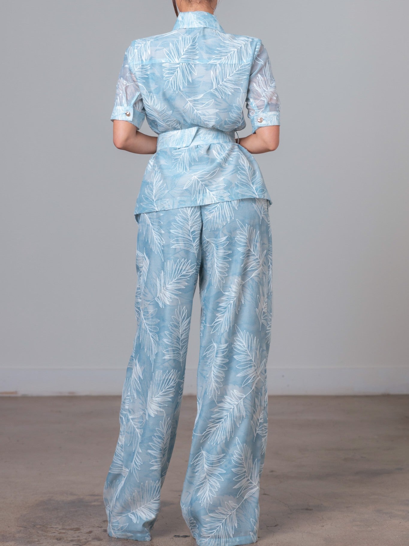 BLUE MULTI FLORAL EMBROIDERY SHORT SLEEVE BUTTON UP TOP AND WIDE LEG PANT SET