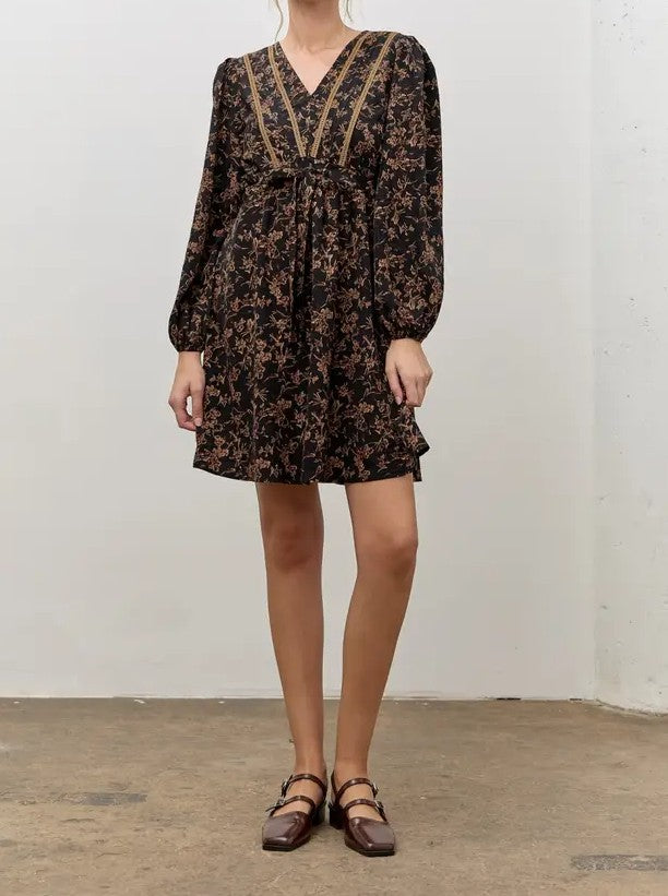 BLACK MULTI FLORAL VNECK LONG BUBBLE SLEEVE MINI DRESS
