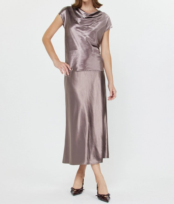 MAUVE/PEWTER SATIN SLIP MIDI SKIRT