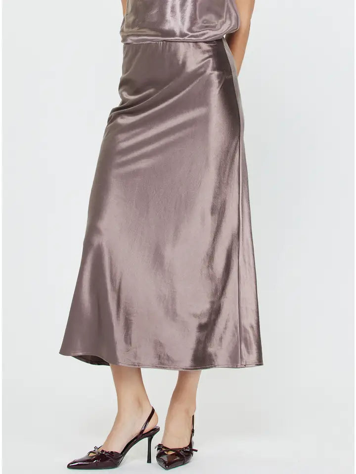 MAUVE/PEWTER SATIN SLIP MIDI SKIRT