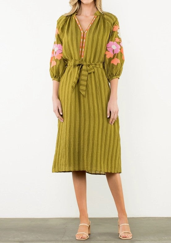 OLIVE GREEN STRIPE & FLORAL EMBROIDERED PUFF SLEEVE MAXI DRESS