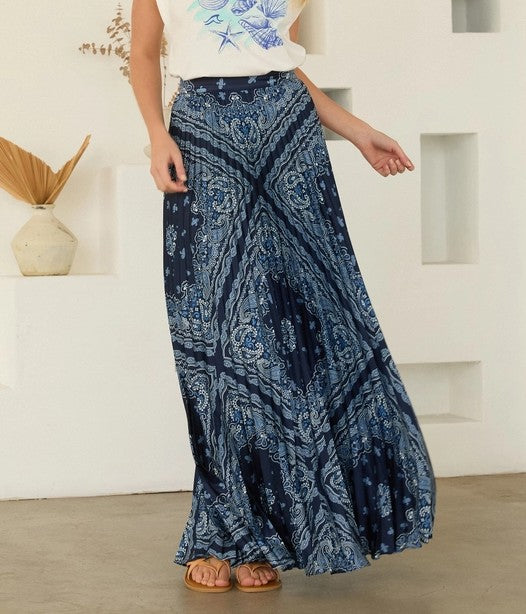 NAVY BANDANA PAISLEY PRINT PLEATED MAXI SKIRT