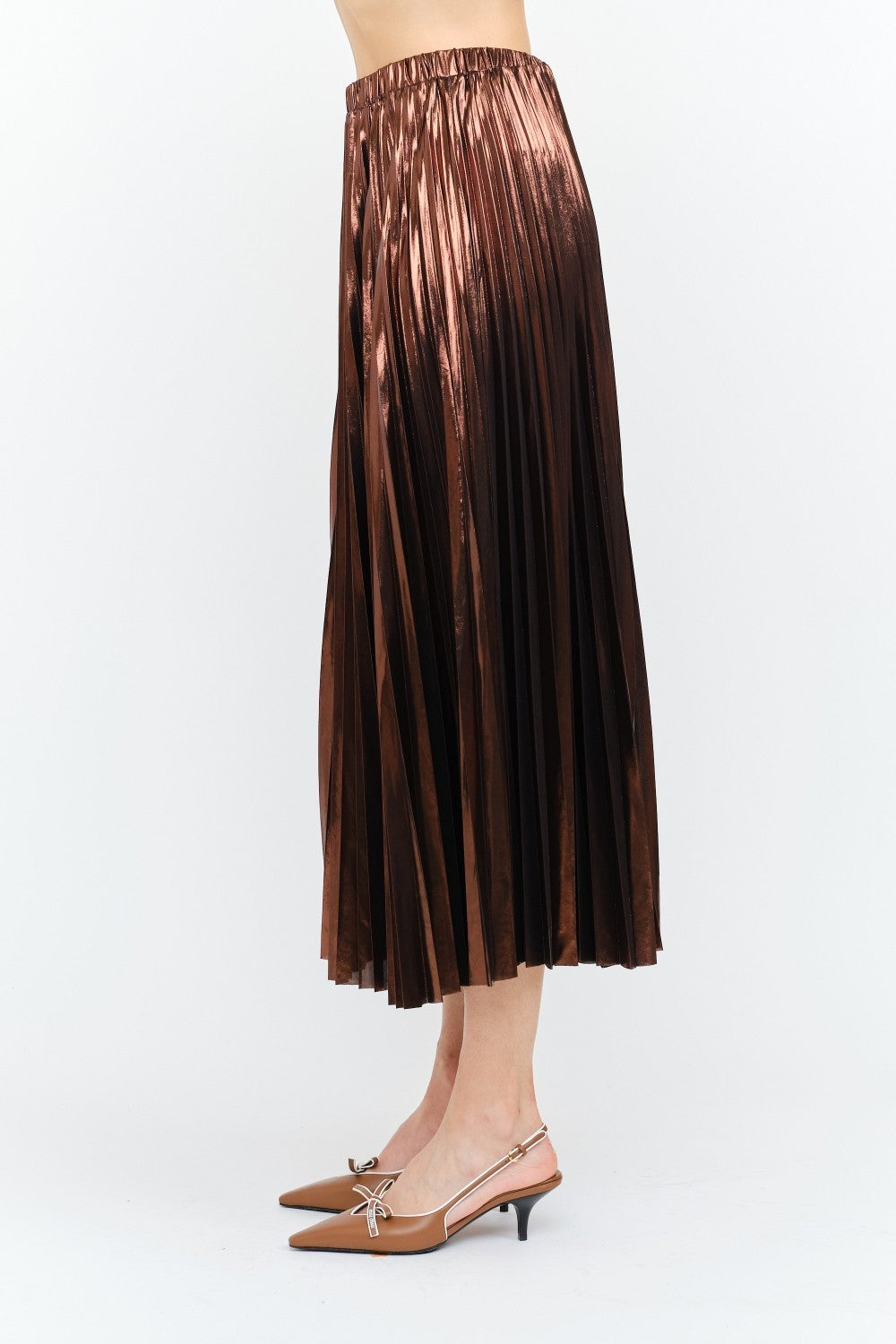 BROWN METALLIC LAME PLEATED ALESSANDRA MIDI SKIRT